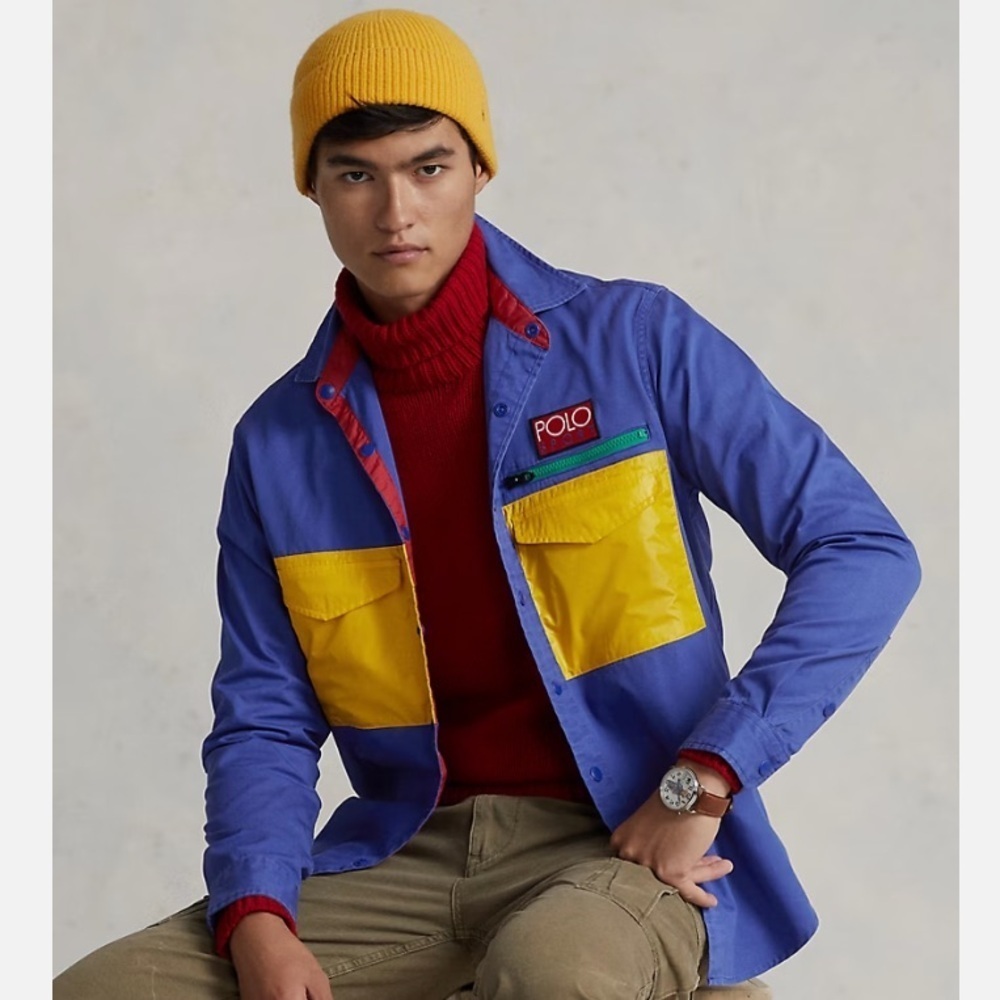 RARE Vintage Polo Ralph Lauren Sport Classic Fit Utility Shirt Blue Yellow Green